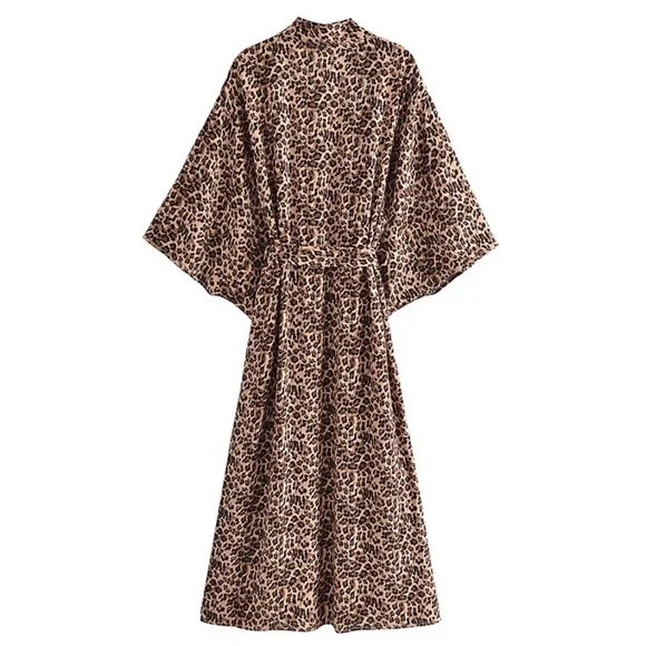 Brown Tan Leopard Animal Print Open Kimono Duster Coverup Wrap Robe Casual - Picture 2 of 8